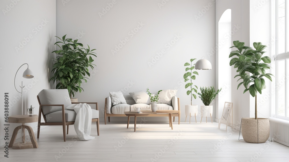 Coastal style living room with indoor plants, Scandi interior design AI generated Coastal style living room with indoor plants, Scandi interior design AI generated