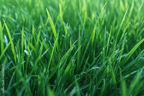close up of a lush green grass field with dew drops Generative AI