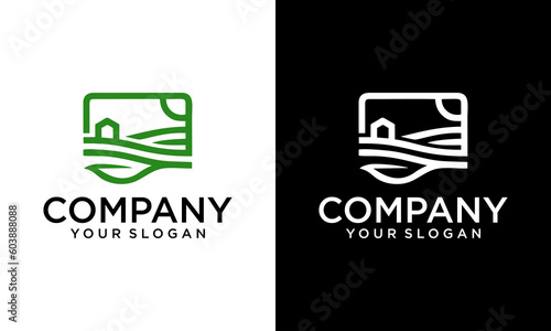 Vector farm house icon template. Linear organic farming symbol illustration with field, sun, rays. Natural food logo background for healthy fresh eco products, farmers market in circle form