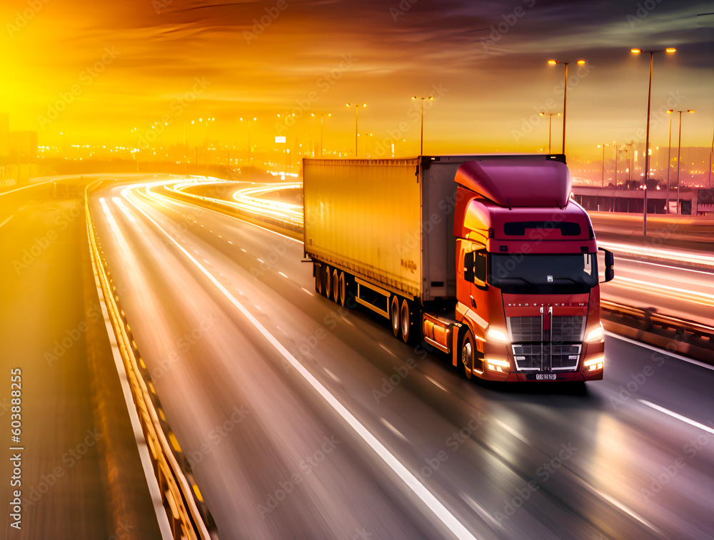 Container truck on highway during sunset. Trucking and transportation logistics. Generative AI.