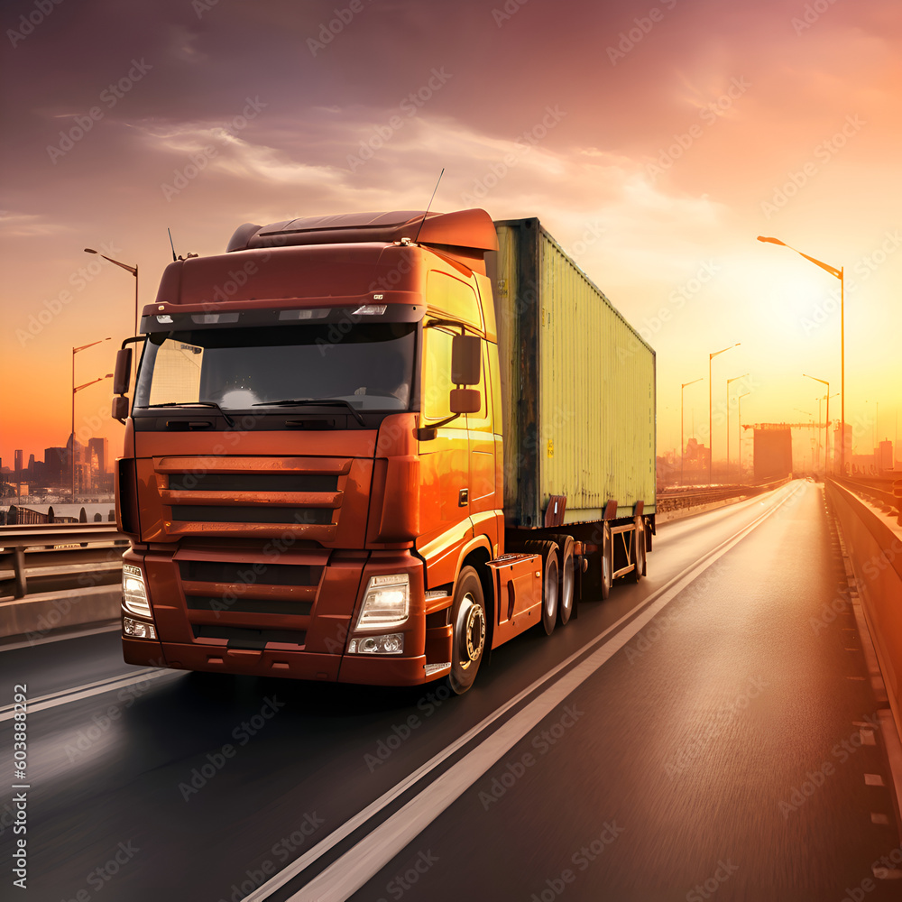 Container truck on highway during sunset. Trucking and transportation logistics. Generative AI. Container truck on highway during sunset. Trucking and transportation logistics. Generative AI.