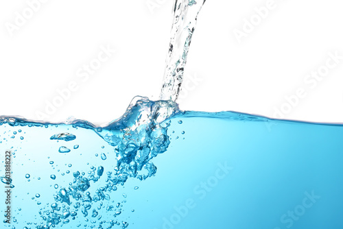 water splash with air bubbles. Fresh and clean surface aqua flowing in wave and clean water on white background isolated. close-up