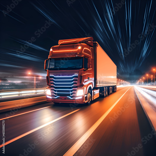Heavy load truck on highway at night with trail light motion blurred. Trucking and transportation logistics. Generative AI.