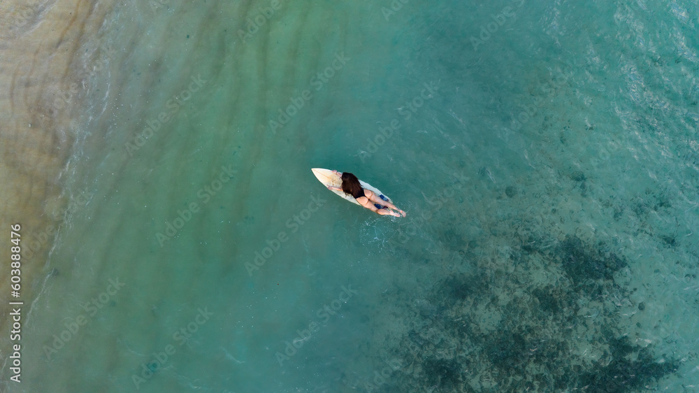 Obraz premium A girl on a surfboard in the ocean, aerial