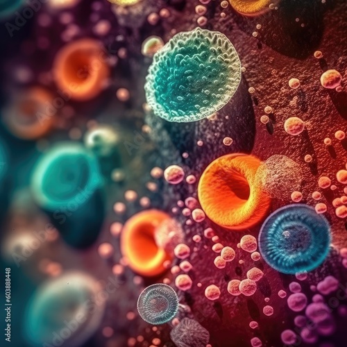 Various microbes, including viruses and bacteria, on abstract background. (Generative AI)