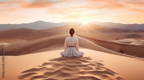 Sitting and meditating in the desert for spiritual awakening.  Generative AI 