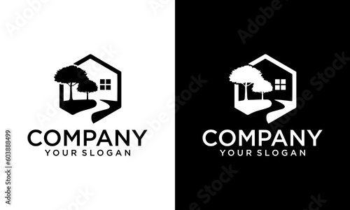 Home tree logo icon, green house logo design