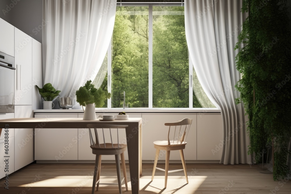 Fototapeta premium cozy kitchen with a table and chairs by a sunny window Generative AI