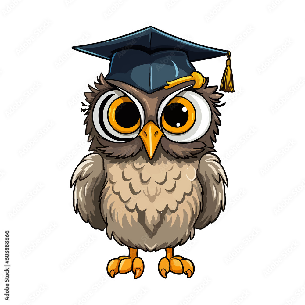 Fototapeta premium Owl Graduation ceremony Bird Cartoon, graduation gown, animals, square Academic Cap, Colorful Whimsical owl modern pop art style, Whimsical owl illustration, simple creative design.