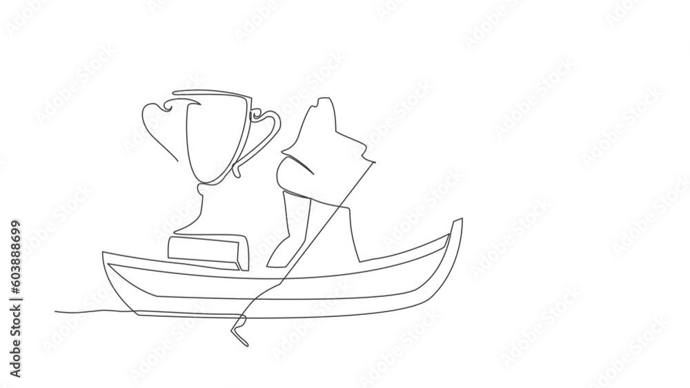 Self drawing animation of single line draw businessman standing in boat sailing with trophy. Water sports competition. Sailing championship recognition. Continuous line draw. Full length animated Self drawing animation of single line draw businessman standing in boat sailing with trophy. Water sports competition. Sailing championship recognition. Continuous line draw. Full length animated