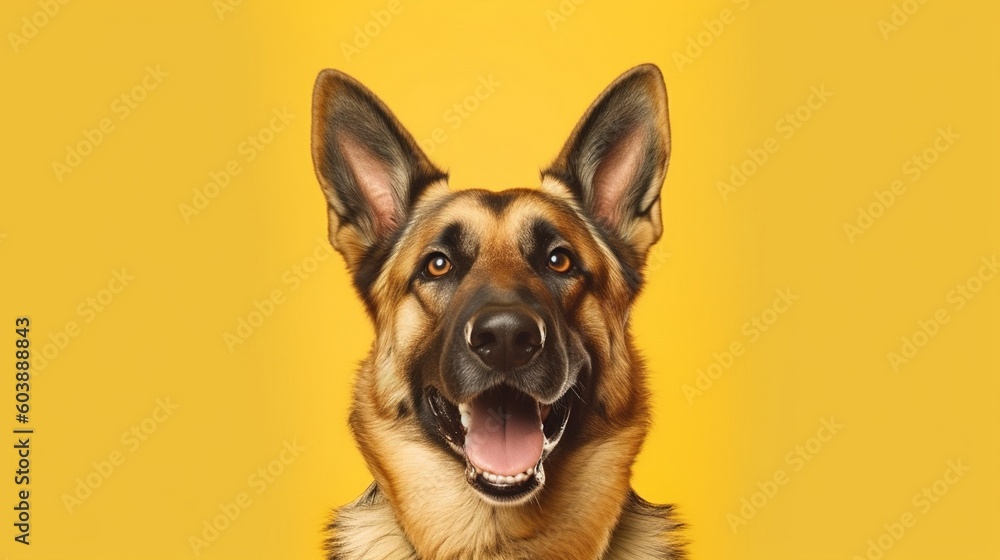 Portrait of a German shepherd dog on a yellow background.Generative Ai Portrait of a German shepherd dog on a yellow background.Generative Ai