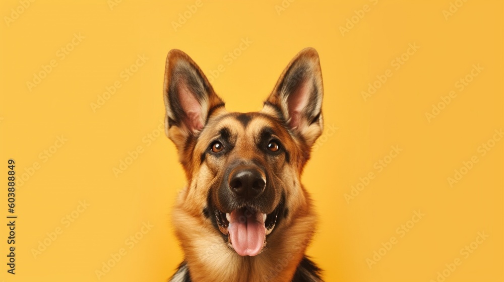 Portrait of a German shepherd dog on a yellow background.Generative Ai Portrait of a German shepherd dog on a yellow background.Generative Ai