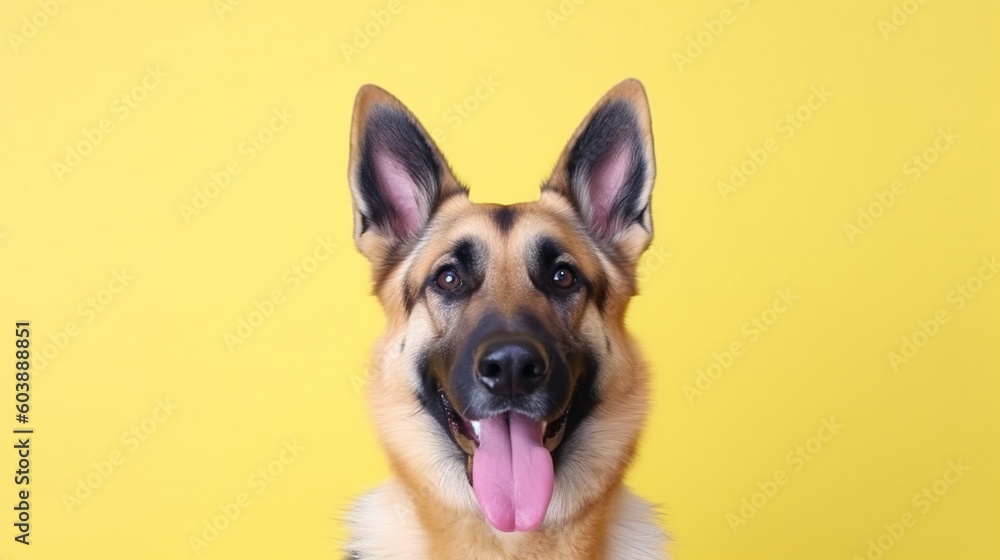 Portrait of a German shepherd dog on a yellow background.Generative Ai Portrait of a German shepherd dog on a yellow background.Generative Ai