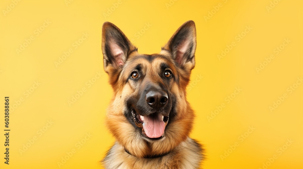 Portrait of a German shepherd dog on a yellow background.Generative Ai Portrait of a German shepherd dog on a yellow background.Generative Ai