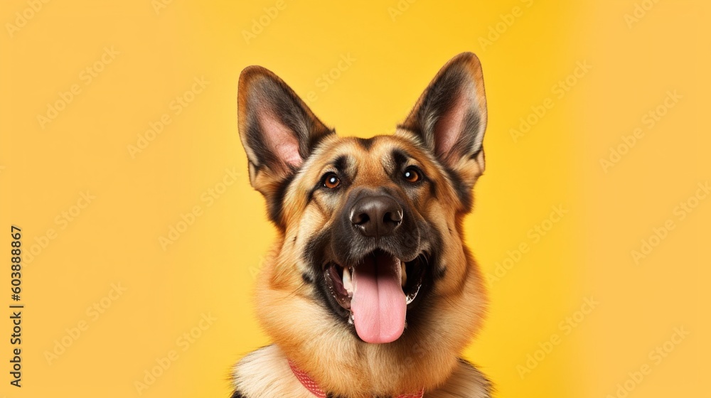 Portrait of a German shepherd dog on a yellow background.Generative Ai Portrait of a German shepherd dog on a yellow background.Generative Ai
