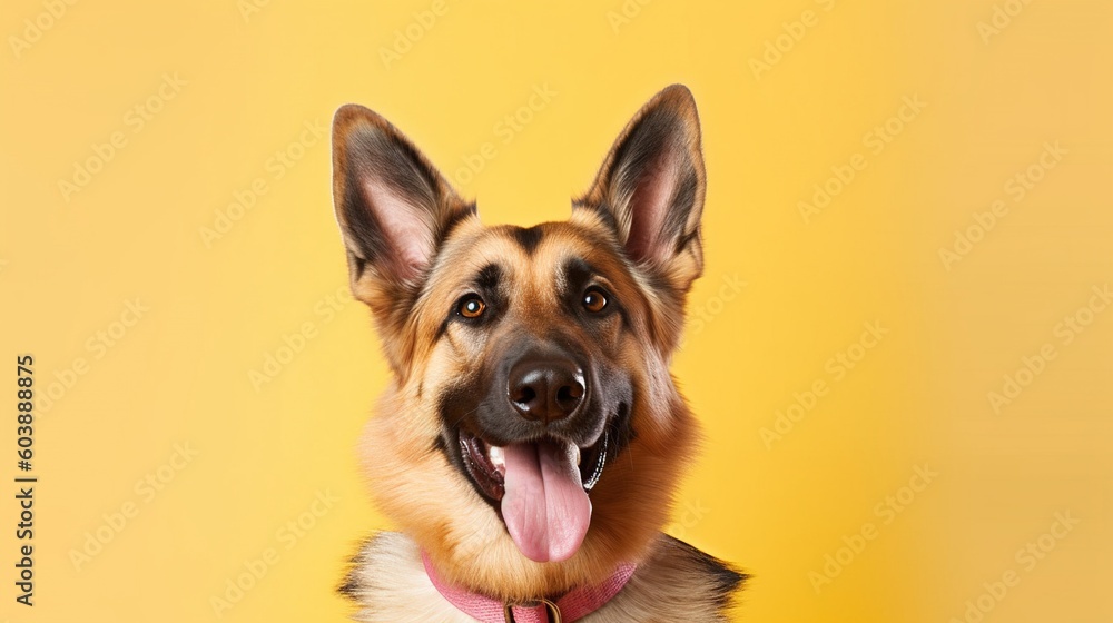 Portrait of a  German shepherd dog on a yellow background.Generative Ai