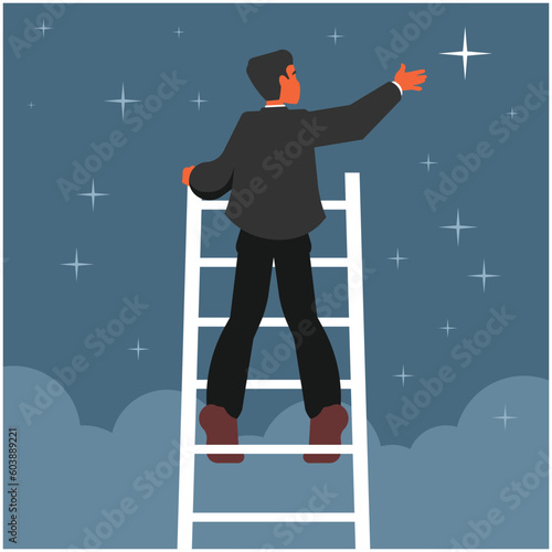 Businessman climbing the ladder to success. Vector illustration in flat style