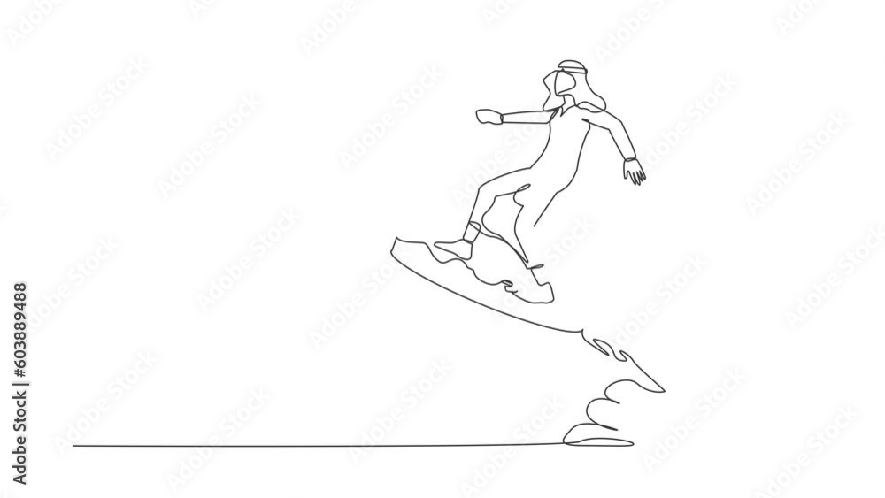 Self drawing animation of single line draw Arab businessman riding dollar coin flying in sky. Financial, business opportunity to success with competitors. Continuous line draw. Full length animated Self drawing animation of single line draw Arab businessman riding dollar coin flying in sky. Financial, business opportunity to success with competitors. Continuous line draw. Full length animated