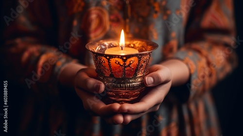 Woman hands holding burning candle in dark background. Religious faith concept. Generative AI.