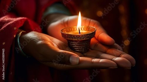Hands holding burning candle in dark background. Religious faith concept. Generative AI.