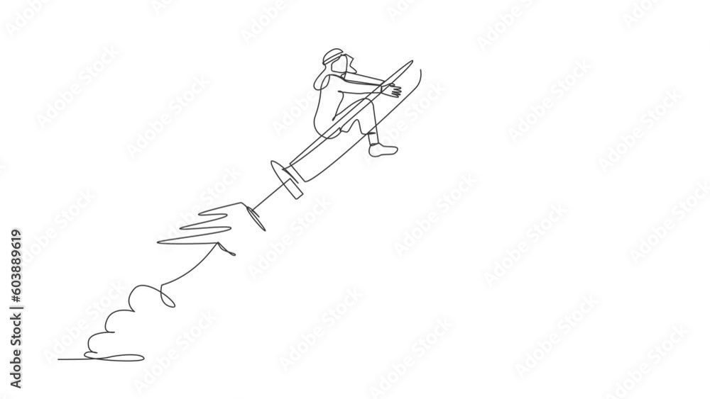 Animated self drawing of continuous line draw active Arabian businessman riding syringe rocket flying in sky. Concept of boosting health, vaccines, viruses, medicine. Full length single line animation Animated self drawing of continuous line draw active Arabian businessman riding syringe rocket flying in sky. Concept of boosting health, vaccines, viruses, medicine. Full length single line animation