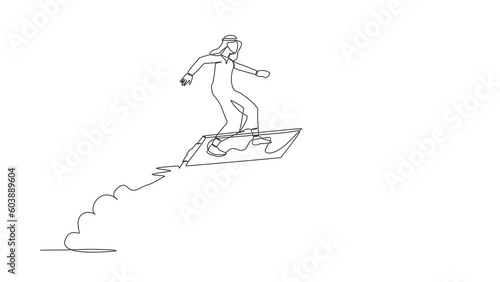 Wallpaper Mural Animated self drawing of continuous line draw Arabian businessman riding clipboard rocket flying in the sky. Analyze data at launch of new startup. Business contract. Full length one line animation Torontodigital.ca