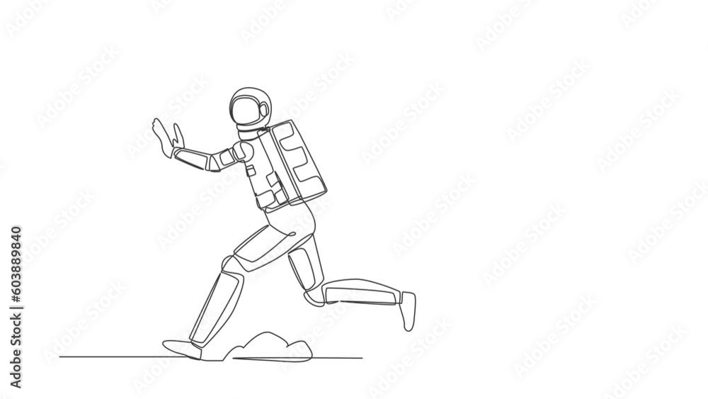 Animated self drawing of continuous line draw young astronaut being chased by stopwatch. Afraid in project spaceship measurement and deadline. Cosmonaut outer space. Full length single line animation Animated self drawing of continuous line draw young astronaut being chased by stopwatch. Afraid in project spaceship measurement and deadline. Cosmonaut outer space. Full length single line animation