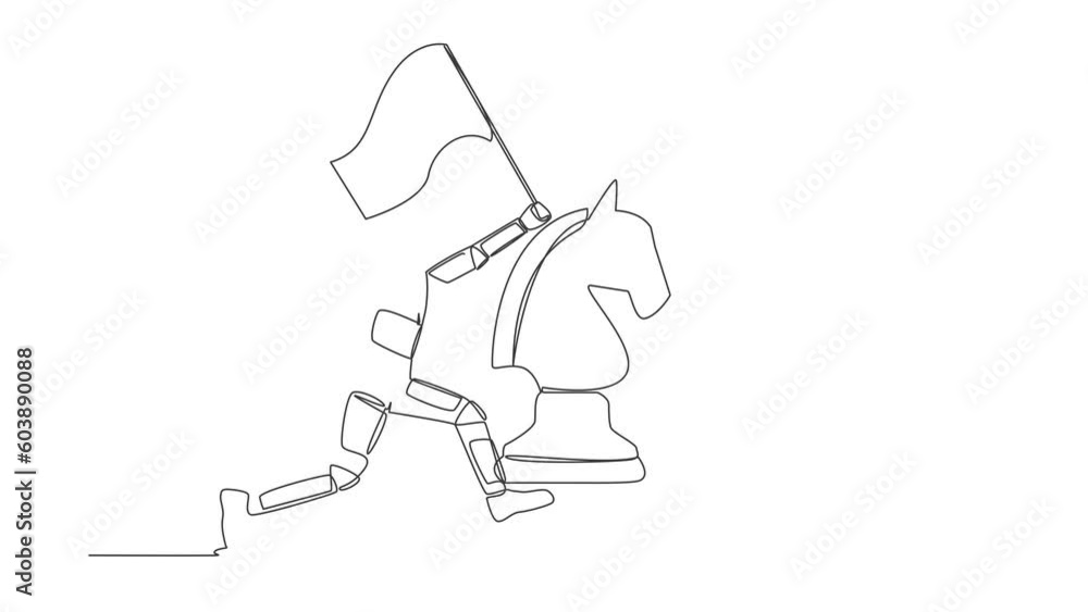 Animated self drawing of continuous one line draw astronaut running holding flag beside horse chess piece. Celebrating triumph of expedition. Cosmonaut outer space. Full length single line animation Animated self drawing of continuous one line draw astronaut running holding flag beside horse chess piece. Celebrating triumph of expedition. Cosmonaut outer space. Full length single line animation