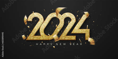 Happy new year 2024 number. With luxury shiny gold glitter. Premium design vector for happy new year banner, poster greeting and celebration. photo