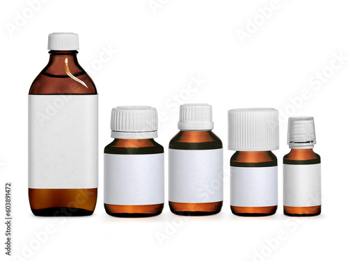 Set brown medicine bottle with label isolated on white background