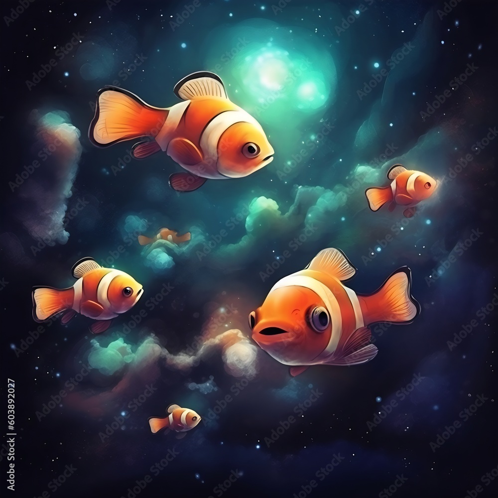 Clownfish in glowing sea blue light created with AI Clownfish in glowing sea blue light created with AI