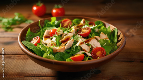 Fresh salad with chicken  tomatoes  arugula  mesclun  basil