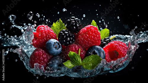 Blueberries, raspberries and mint leaves falling in water