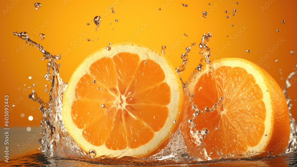 Flying Fresh Orange Slices and Water Side Splash Flying Fresh Orange Slices and Water Side Splash