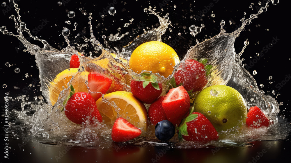 Fototapeta premium sliced fruits hitting in the air with water splashes