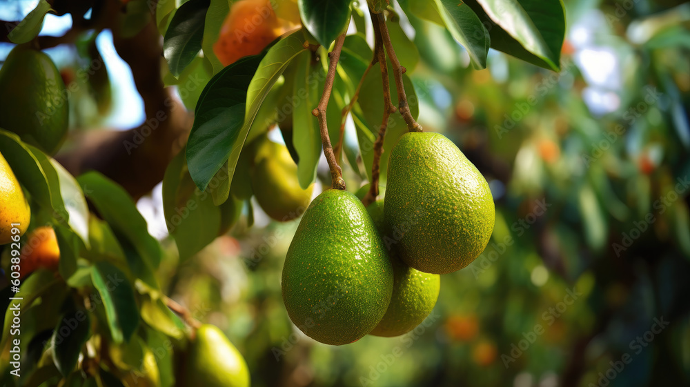 Hass Avocados fruit hanging from the tree Hass Avocados fruit hanging from the tree