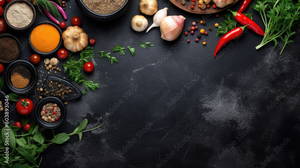 Herbs and spices over black stone background Herbs and spices over black stone background