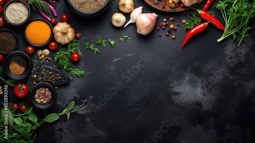 Herbs and spices over black stone background