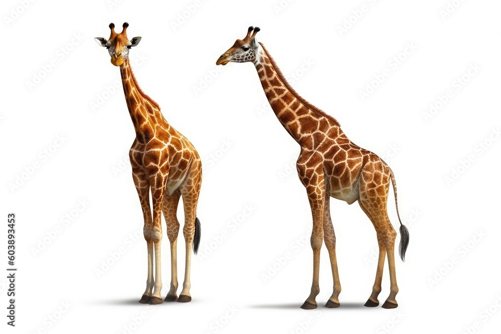Giraffes isolated on white background. Generative AI technology.