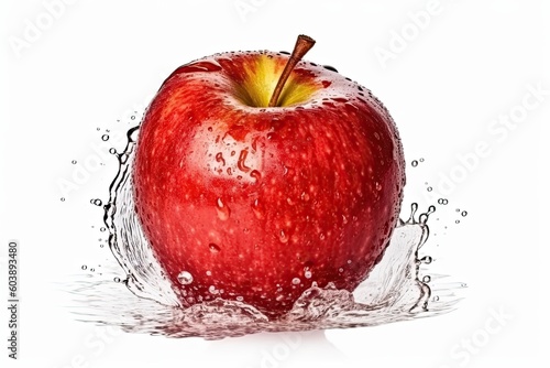 Red Apple with water splash isolated on white. Generative AI technology.