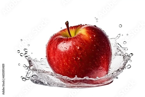 Red Apple with water splash isolated on white. Generative AI technology.