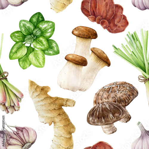 Fresh edible mushrooms, herbs seamless pattern. Watercolor illustration. Hand drawn tasty mushrooms, shiitake, wood ear, lemongrass, ginger, basil, garlic elements. White background
