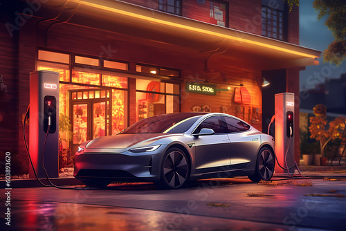 Electric Car next to a charging station at night in the city - Generative AI © Lukasz Czajkowski