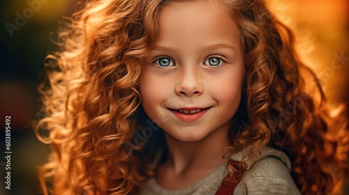 A portrait of a young girl with a mischievous smile, his eyes sparkling with curiosity. Generative AI