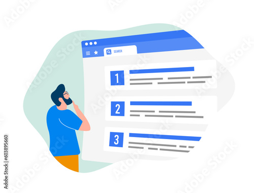 SEO Rankings concept. Man analyzing top search engine result page and think how rank website higher. Improve seo ranking with effective strategies - high-quality content, backlinks, targeted keywords