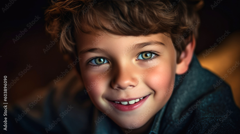 A portrait of a young boy with a mischievous smile, his eyes sparkling with curiosity. Generative AI A portrait of a young boy with a mischievous smile, his eyes sparkling with curiosity. Generative AI