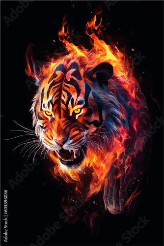 The vector illustration portrays a magnificent tiger. The vibrant red, yellow colors dominate the tiger's plumage. Watercolor tiger. © Spacemid