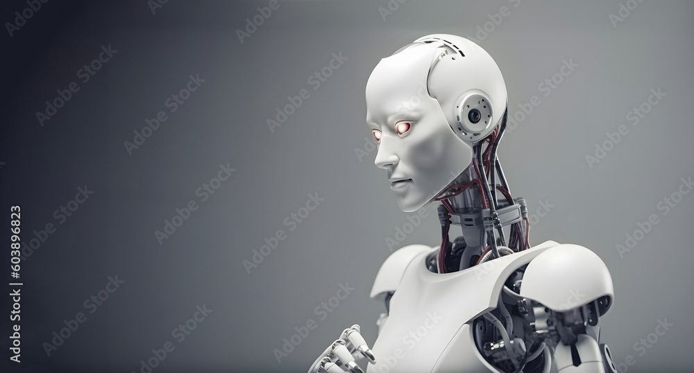Female Robot portrait, technology concept, free copy space on grey background. AI generated Female Robot portrait, technology concept, free copy space on grey background. AI generated