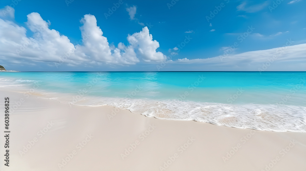 Beautiful tropical beach with white sand, turquoise ocean against blue sky, tropical summer concept. AI generated