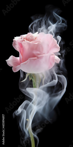 Gentle fresh pink rose with smock around, on dark background, AI generated